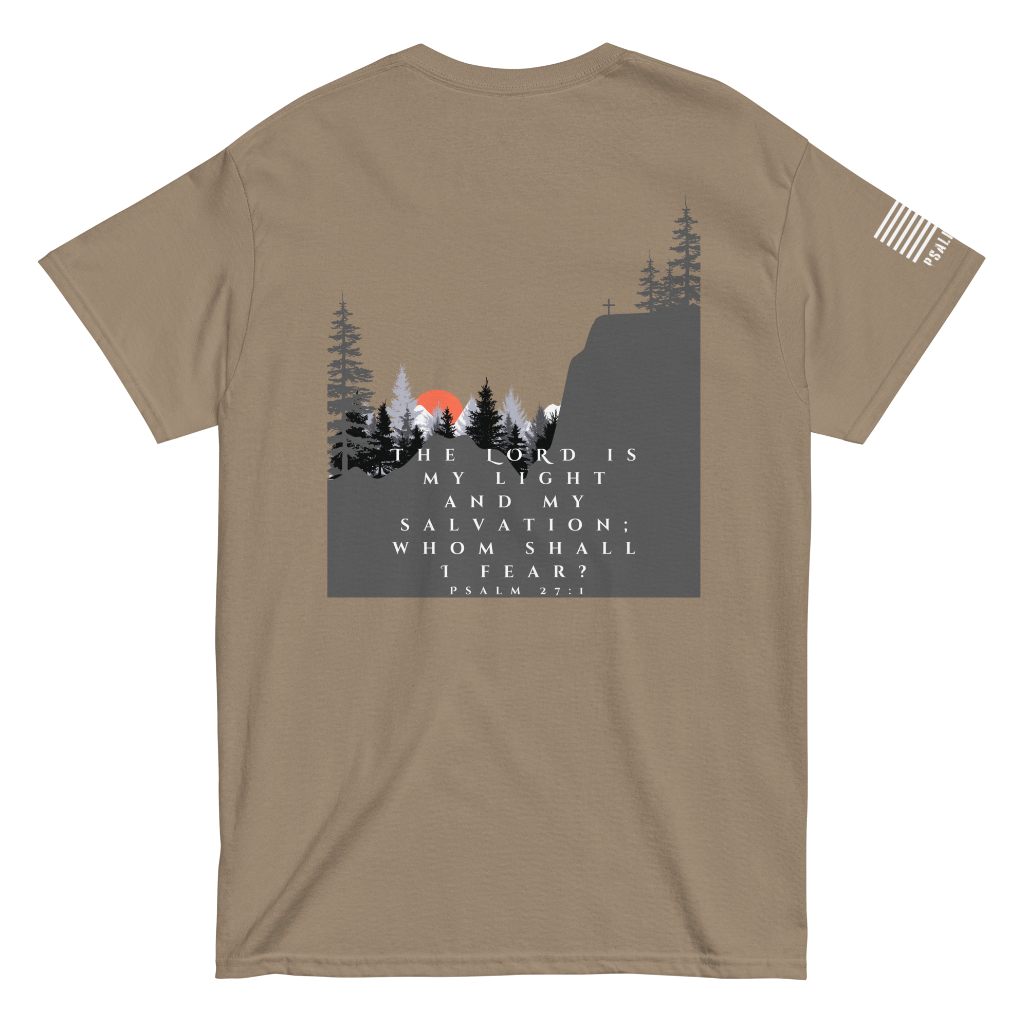 Psalm 27:1 artistic tee from FFO’s Narrow Path Collection — features sunrise over mountain silhouette with ‘The Lord is my light and my salvation’ verse, symbolizing divine strength and fearless faith.”